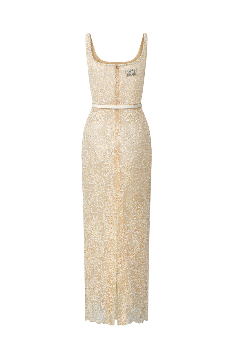 SQUARE NECK MESH LACE MIDI DRESS IN BEIGE - CULT MIA