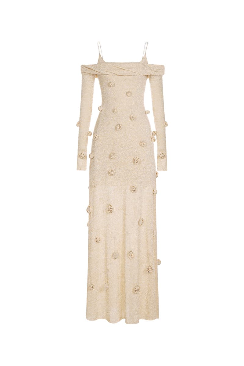 BEIGE OFF-SHOULDER FLORAL DRESS - CULT MIA