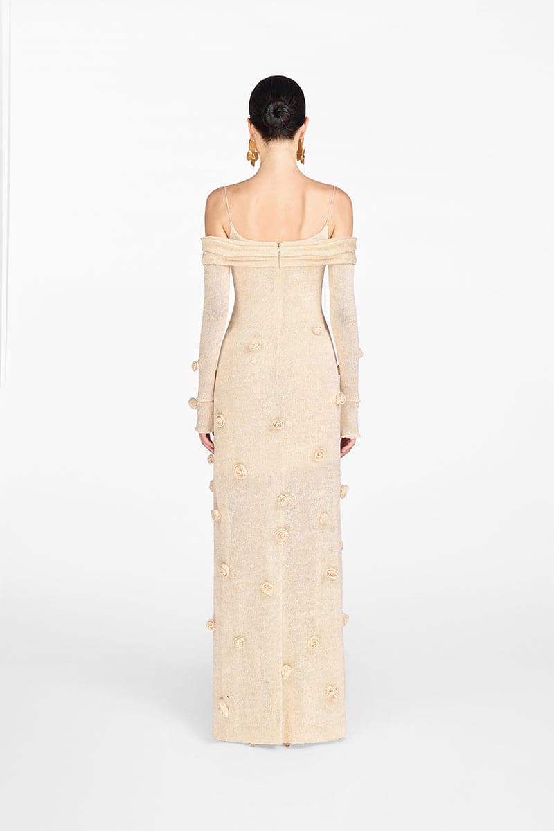 BEIGE OFF-SHOULDER FLORAL DRESS - CULT MIA