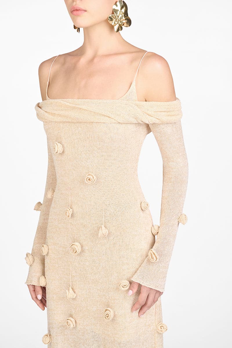 BEIGE OFF-SHOULDER FLORAL DRESS - CULT MIA