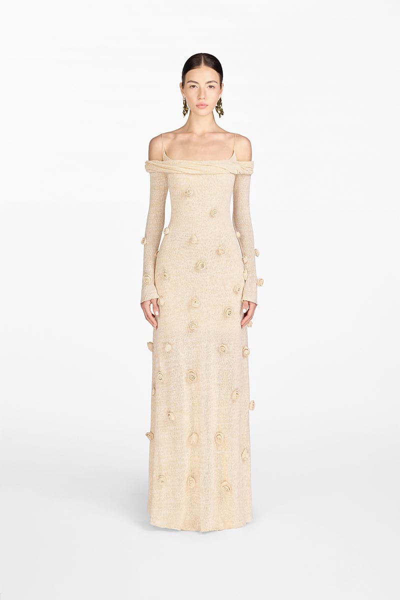 BEIGE OFF-SHOULDER FLORAL DRESS - CULT MIA