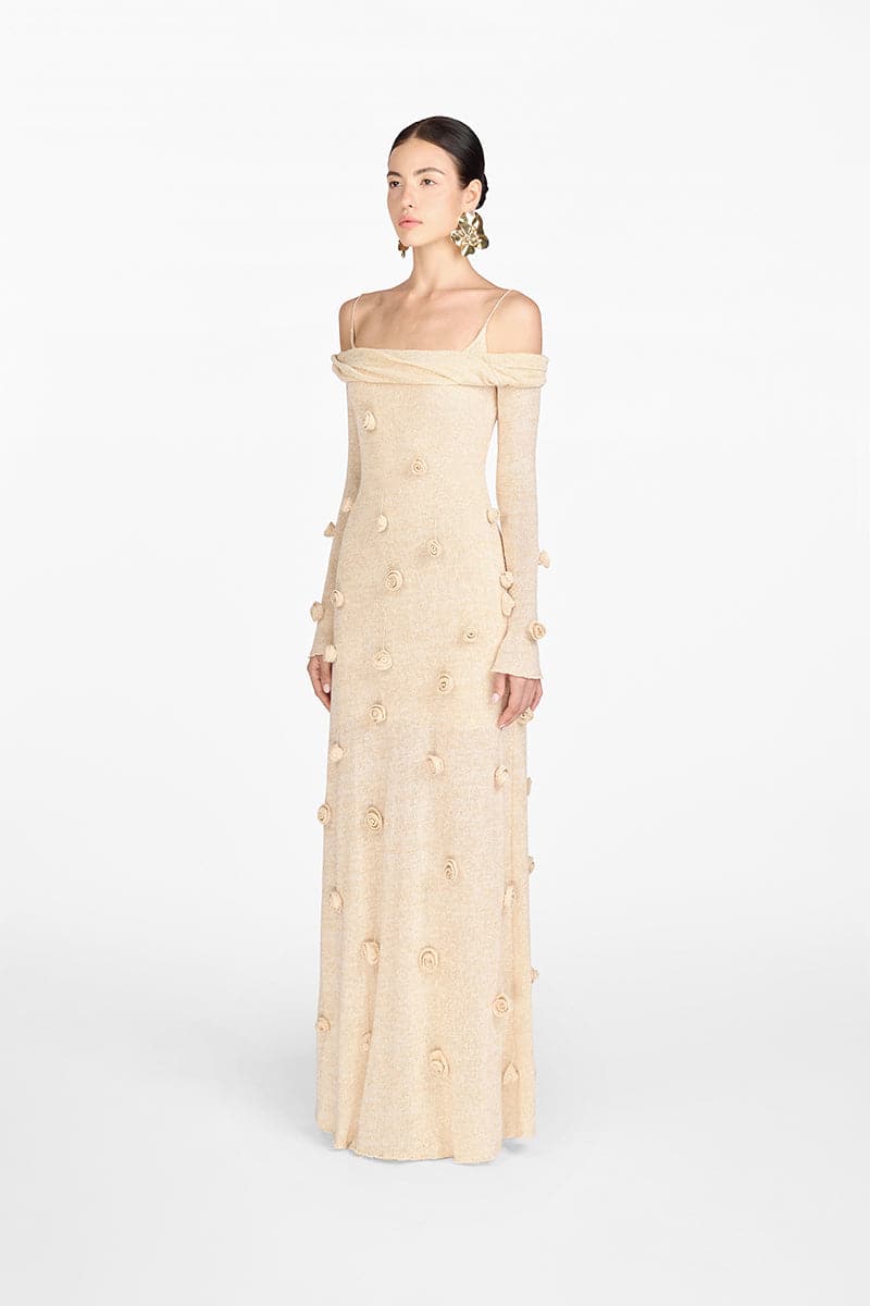 BEIGE OFF-SHOULDER FLORAL DRESS - CULT MIA