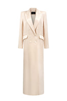 Beige double-breasted long coat by I.H.F Studio, oversized straight-cut design, stylish and warm outerwear.