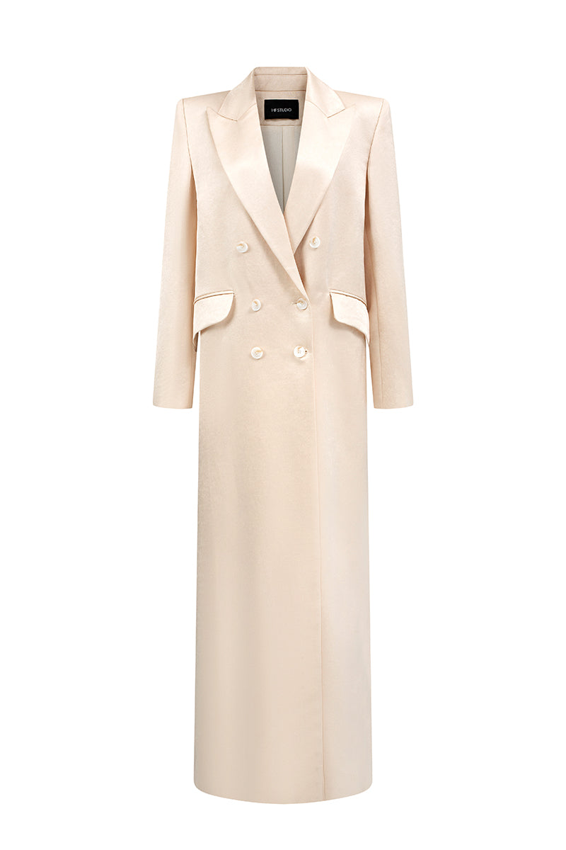 Beige double-breasted long coat by I.H.F Studio, oversized straight-cut design, stylish and warm outerwear.