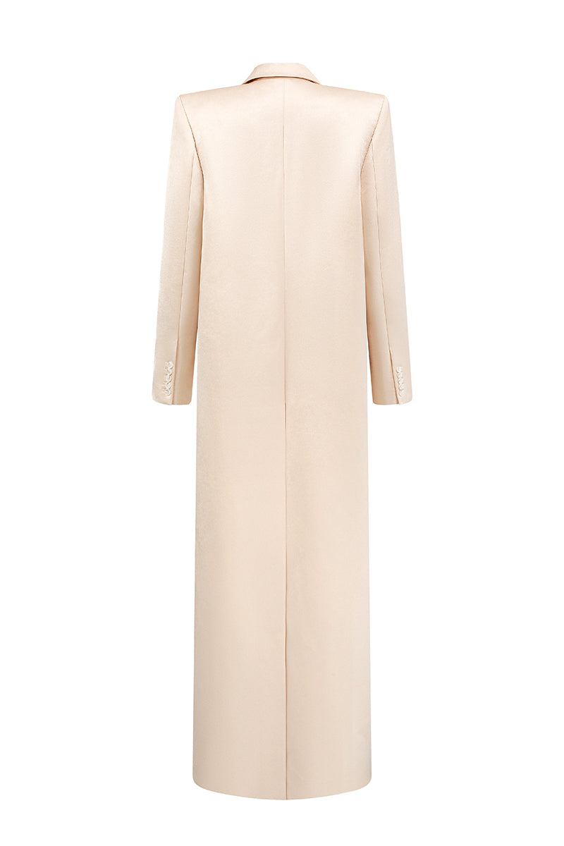 Beige double-breasted long coat from I.H.F Studio featuring an oversized straight-cut design.