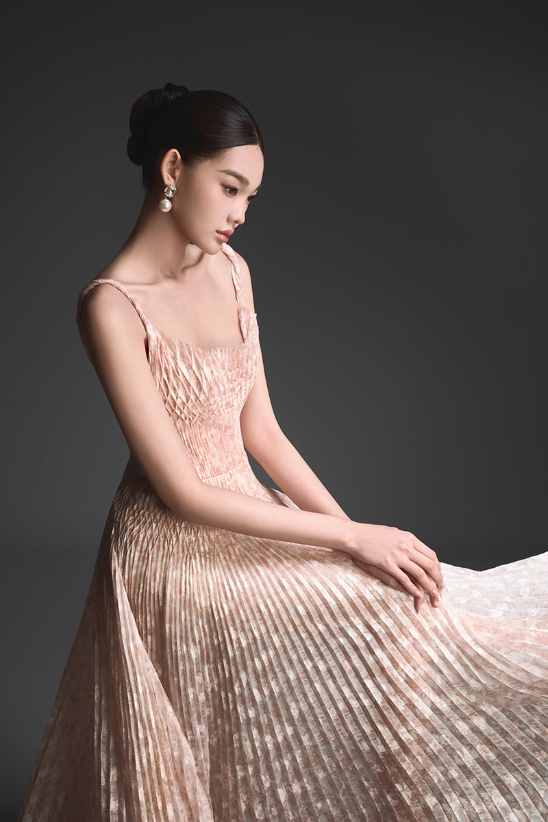 BEIGE PLEATED MAXI DRESS - CULT MIA