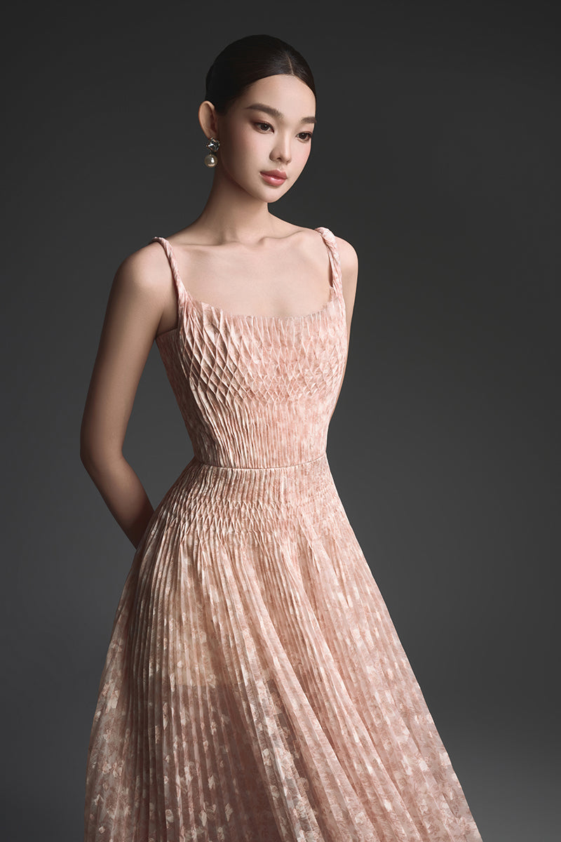 BEIGE PLEATED MAXI DRESS - CULT MIA