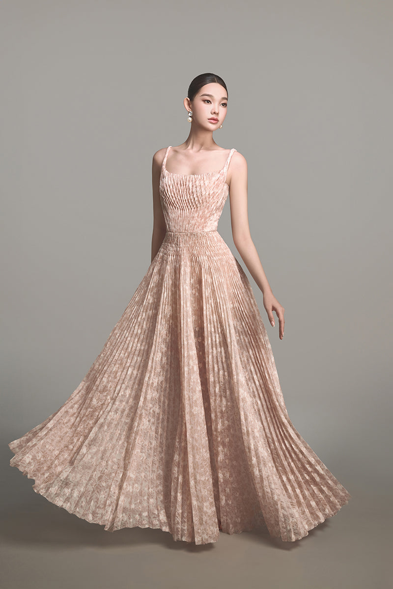 BEIGE PLEATED MAXI DRESS - CULT MIA