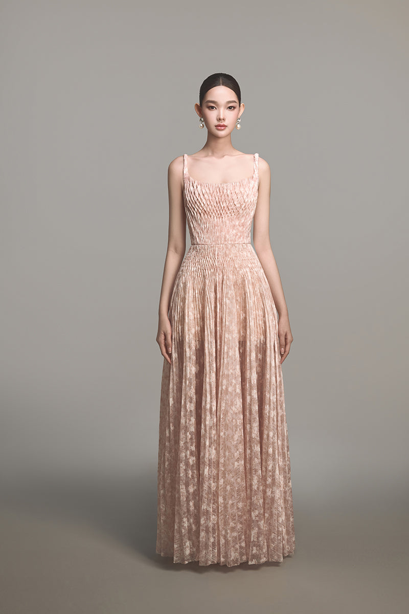 BEIGE PLEATED MAXI DRESS - CULT MIA