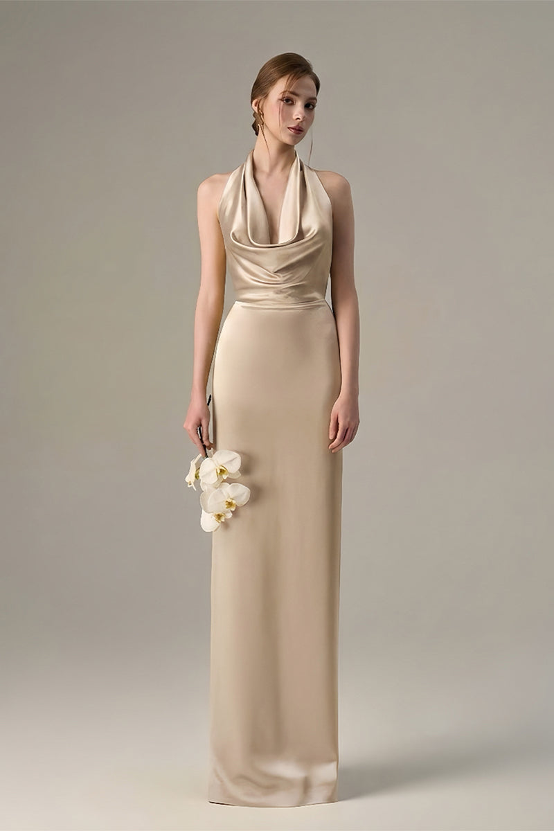 BEIGE SATIN SILK HALTER DRESS WITH PLEATED DETAILING | CULT MIA