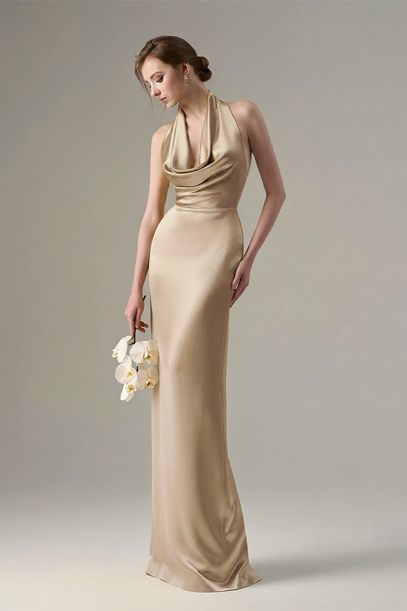 Beige satin silk halter maxi dress with pleated detailing from I.H.F, featuring elegant draping and a sleek, sophisticated design.