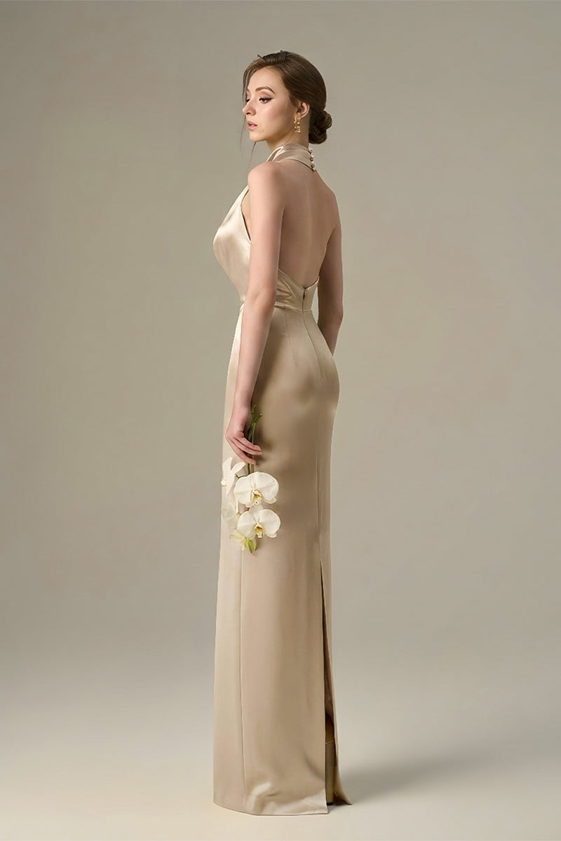 Beige satin silk halter maxi dress with elegant pleated detailing, stylish and flowing for sophisticated occasions.