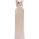 Beige satin silk halter gown with pleated detailing by I.H.F, showcasing elegant draping and smooth fabric.