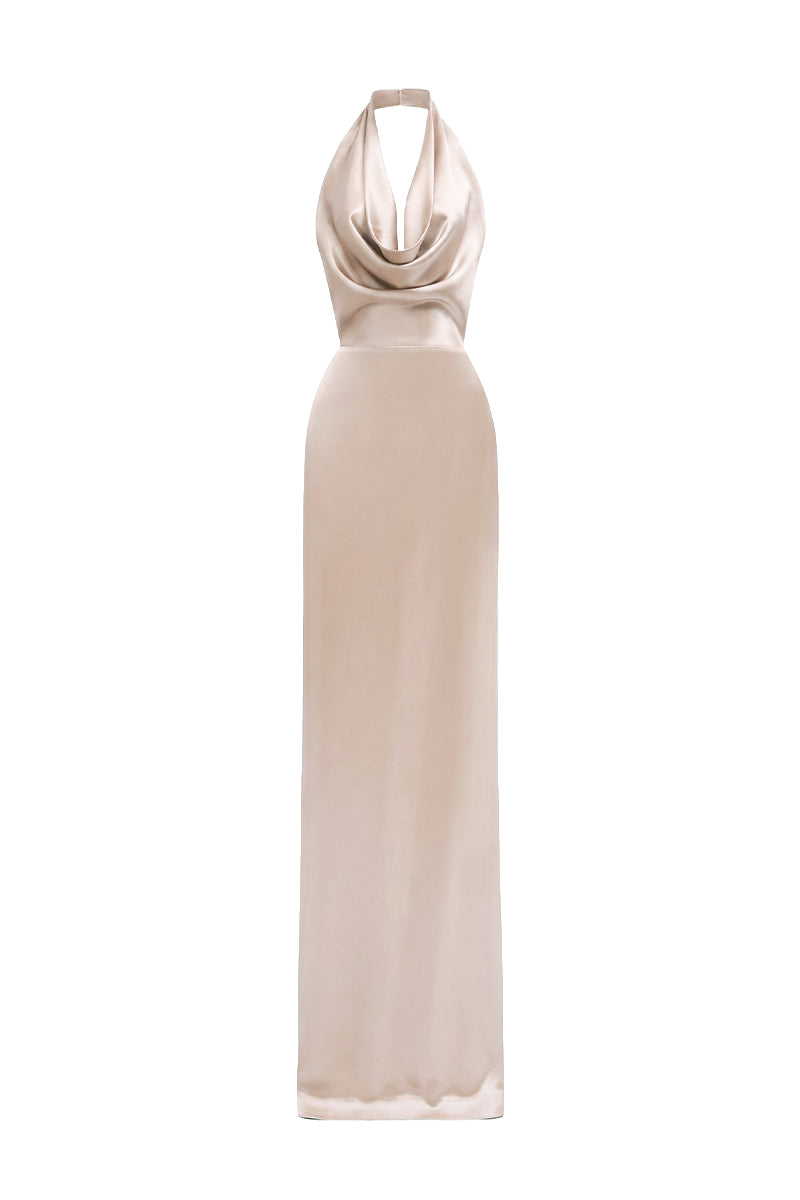 BEIGE SATIN SILK HALTER DRESS WITH PLEATED DETAILING | CULT MIA
