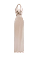 Beige satin silk halter gown with pleated detailing by I.H.F, showcasing elegant draping and smooth fabric.