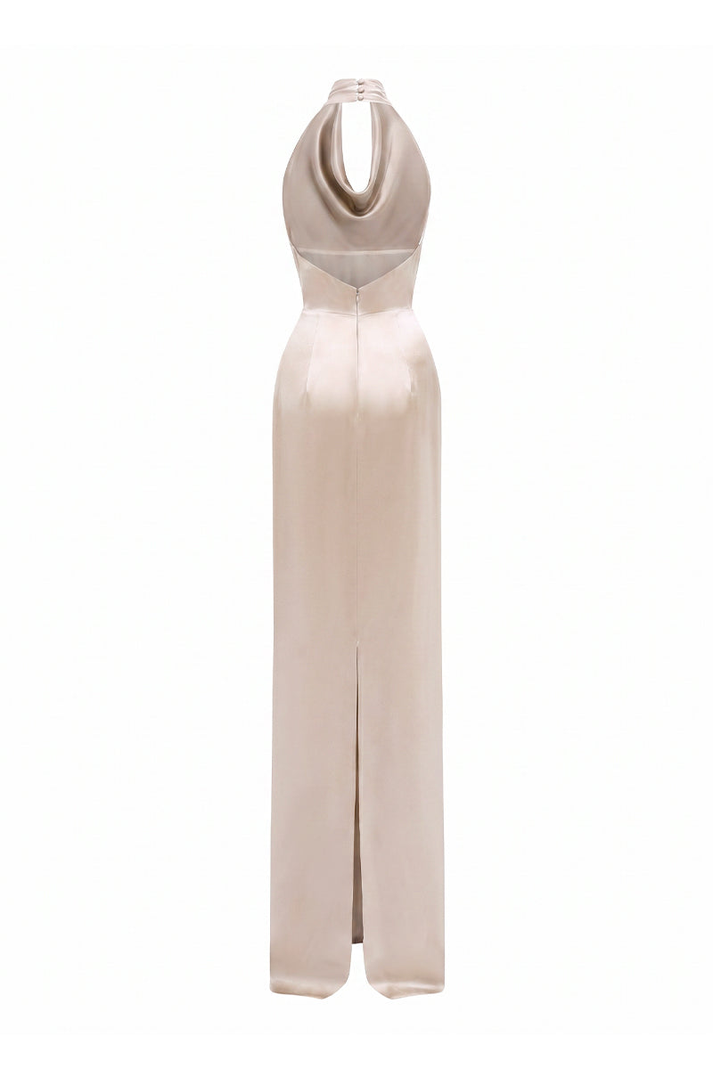 Beige satin silk halter maxi dress with pleated detailing from I.H.F, featuring a flowing silhouette and elegant design.