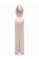 Beige satin silk halter gown with pleated detailing by I.H.F, featuring a smooth, elegant design and flowing fabric.