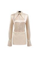 Beige satin co-ord set with slim-fit shirt featuring statement cuffs by I.H.F Studio, stylish and elegant for any occasion.