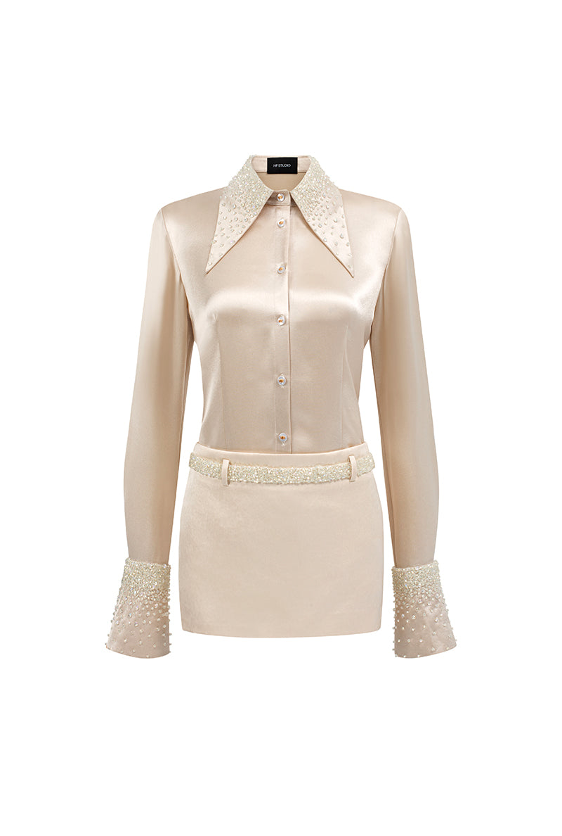 Beige satin co-ord set with slim-fit shirt featuring statement cuffs by I.H.F Studio, stylish and elegant for any occasion.