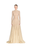Beige ERYTHEIA I gown by Montsand, elegant and flowing dress with a soft fabric, displayed on a hanger.