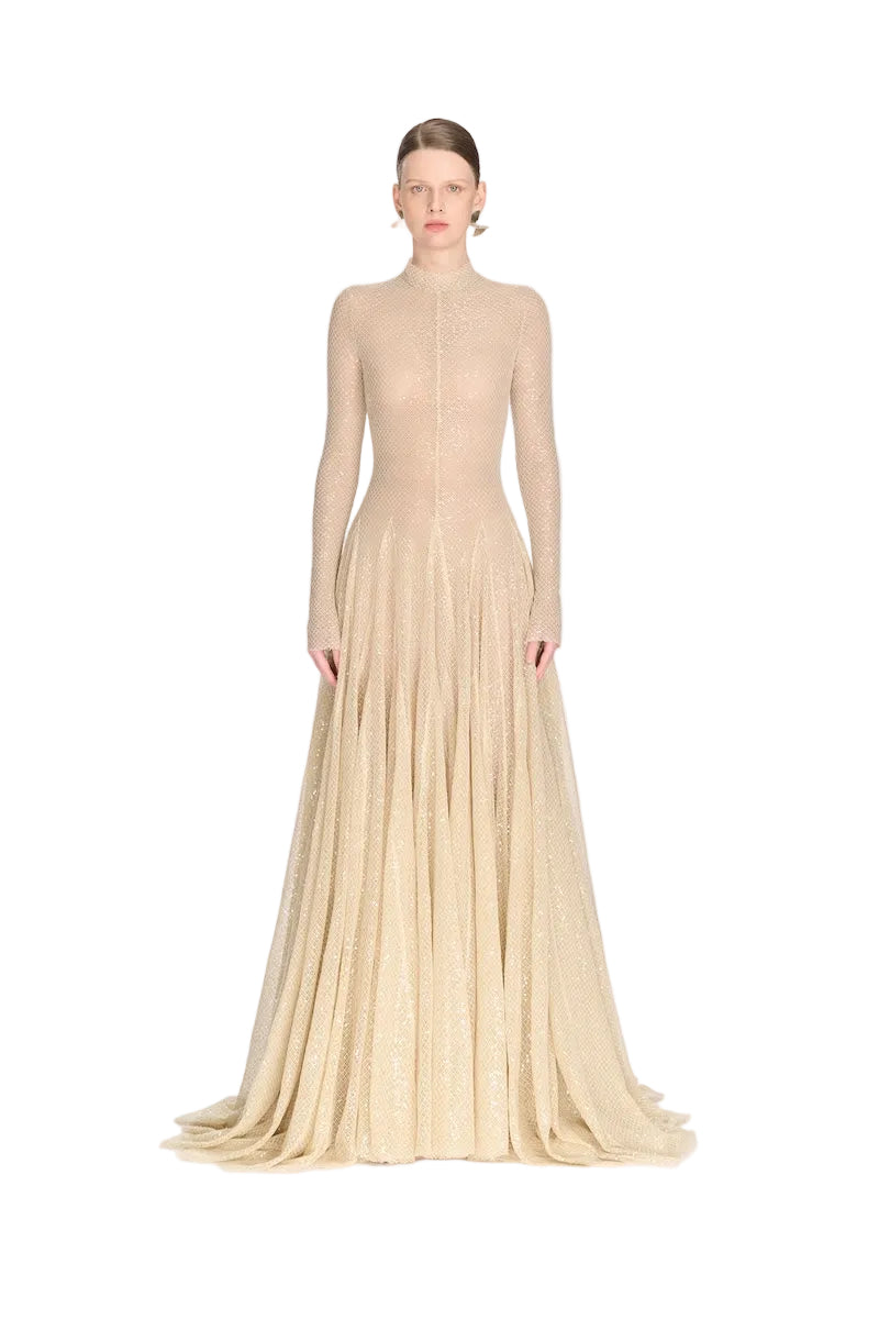 Beige ERYTHEIA I gown by Montsand, elegant and flowing dress with a soft fabric, displayed on a hanger.
