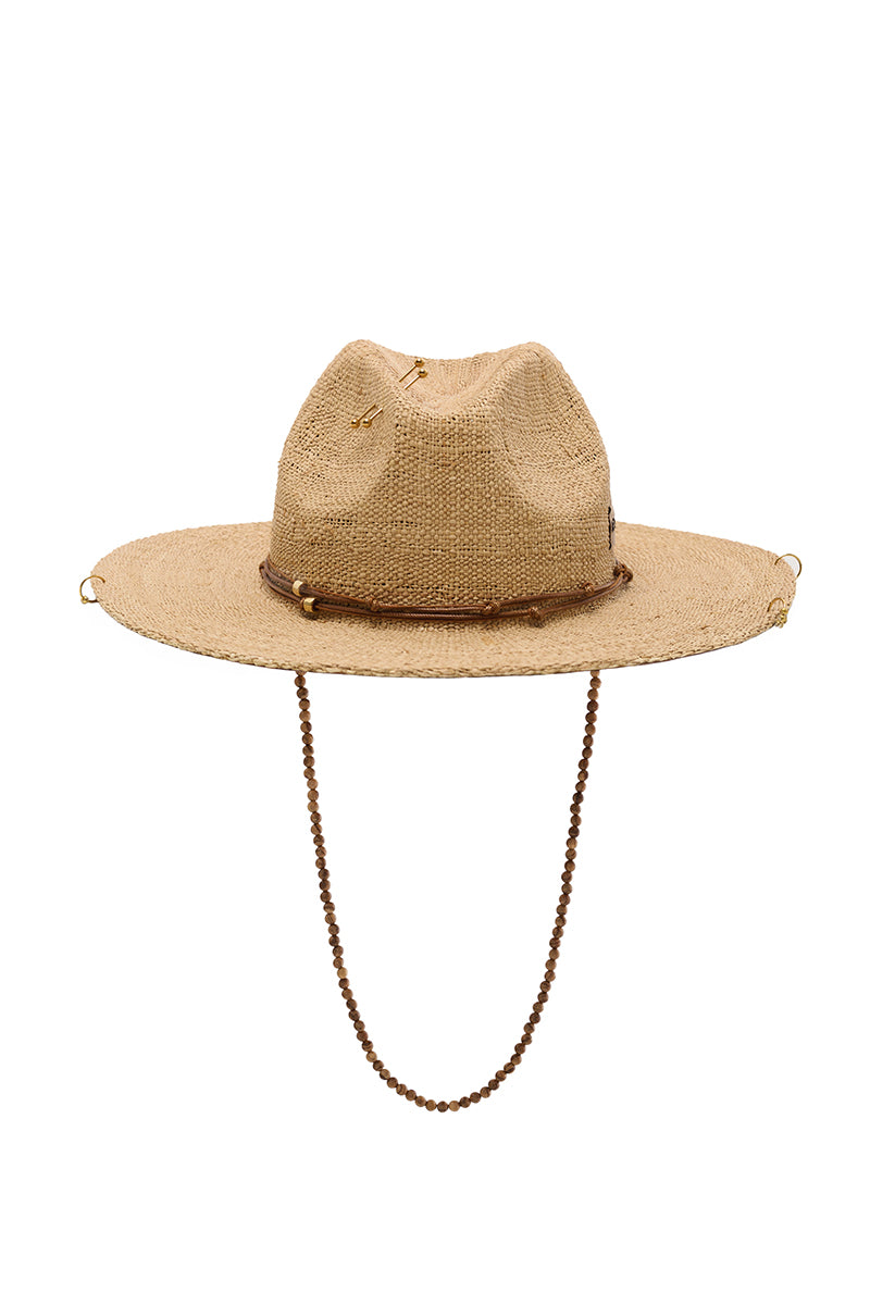 Beige raffia fedora hat by LE SH KA featuring a wide brim and woven texture for stylish sun protection.