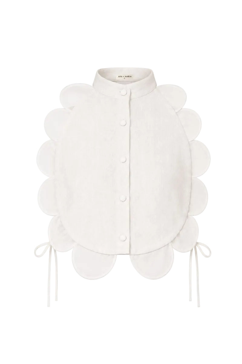 Sand-colored BELLA bib top by ANA + MARIA displayed on a ghost mannequin, showcasing its stylish design and fabric texture.
