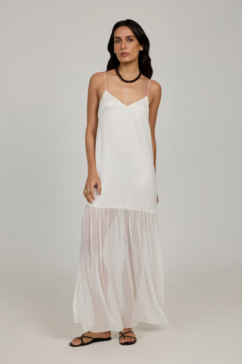 White Belize Maxi Dress by Summer Away featuring a flowing silhouette and elegant design, perfect for warm-weather occasions.