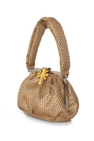 Sarah's Bag Bella Palm on Marquise Gold shoulder bag with gold accents and a structured design, showing the side view.
