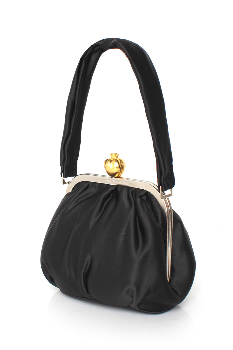 Black satin shoulder bag with pomegranate design by Sarah's Bag, featuring a sleek and elegant style.