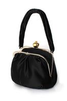Open black satin shoulder bag by Sarah's Bag featuring a vibrant pomegranate design on the exterior.