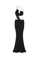 Black Belladonna maxi dress by Nana Jacqueline featuring an elegant one-shoulder design and flowing fabric, back view.
