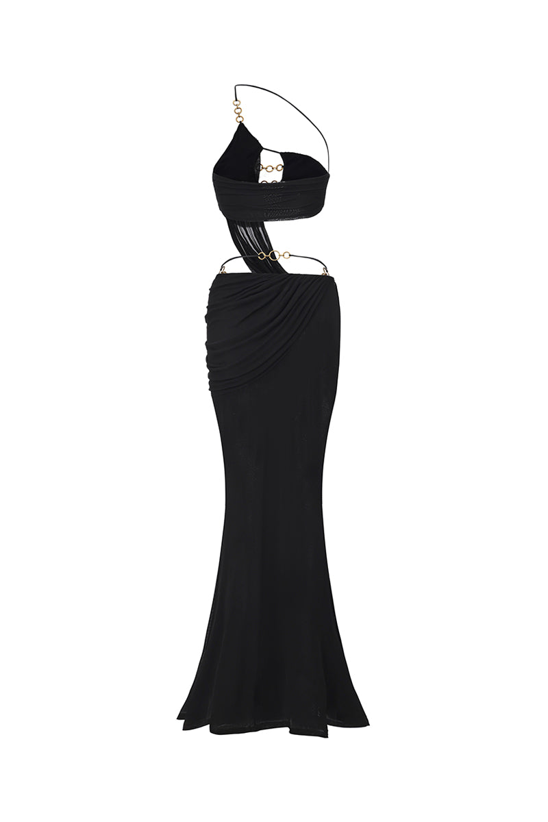Black Belladonna maxi dress by Nana Jacqueline featuring an elegant one-shoulder design and flowing fabric, back view.