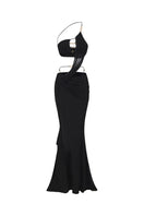 Black Belladonna maxi dress by Nana Jacqueline featuring an elegant one-shoulder design and flowing fabric.