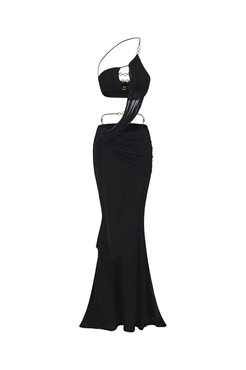 Black Belladonna maxi dress by Nana Jacqueline featuring an elegant one-shoulder design and flowing fabric.