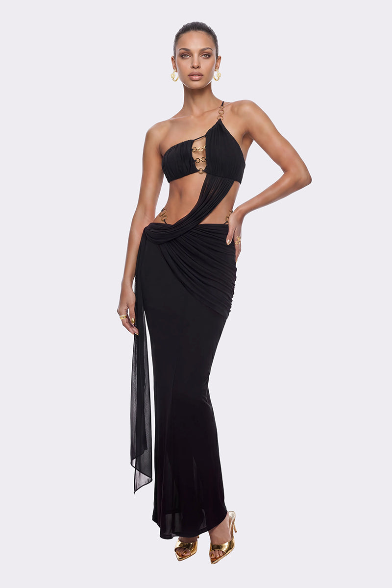 Black Belladonna maxi dress by Nana Jacqueline featuring an elegant one-shoulder design and flowing fabric.
