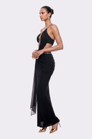 Black Belladonna maxi dress by Nana Jacqueline featuring an elegant one-shoulder design, flowing fabric, and stylish silhouette.