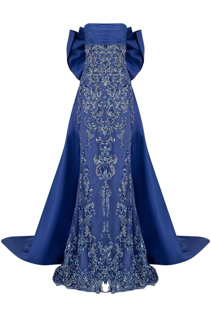 BELLAMY BIJOU BLUE STRAPLESS EMBROIDERY GOWN - CULT MIA