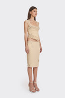 Cream lace draped corset top by Stolen Stores featuring sheer fabric and intricate lace detailing.
