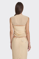 Cream lace draped corset top by Stolen Stores, featuring sheer fabric and intricate lace details, designed for a stylish look.
