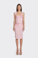 Pink lace draped corset top by Stolen Stores featuring sheer fabric and elegant design.