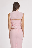 Dusty pink lace corset top with draped design from Stolen Stores, featuring sheer fabric and intricate lace details.