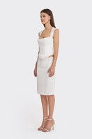 Off-white lace draped corset top by Stolen Stores with sheer fabric and intricate lace detailing.
