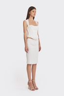 Off-white lace draped corset top by Stolen Stores featuring sheer fabric and intricate lace details.
