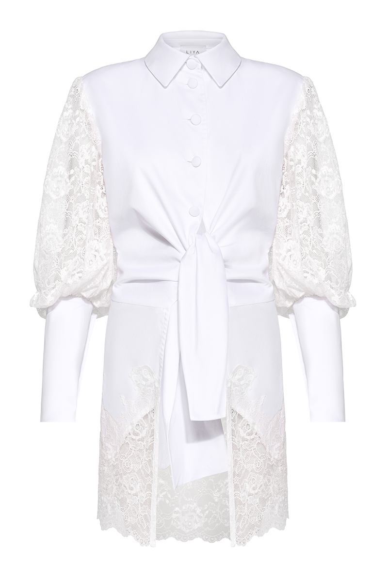 White Belle Sleeve Shirt by Liya featuring long sleeves and a relaxed fit, displayed on a hanger.