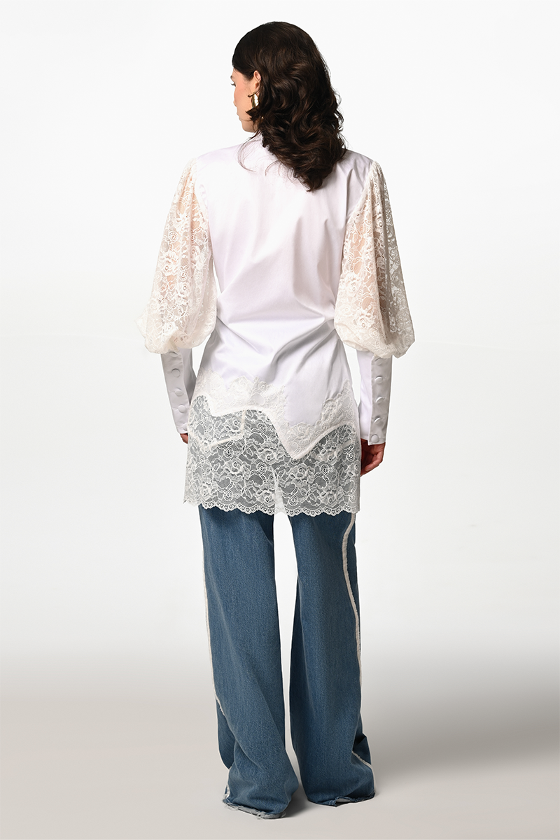 White Belle Sleeve Shirt by Liya featuring long sleeves and a relaxed fit, displayed on a hanger.