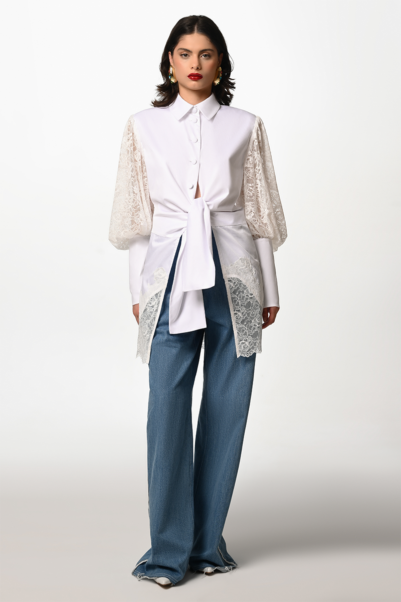 White Liya Belle Sleeve Shirt with long sleeves and a classic collar, displayed flat on a white background.