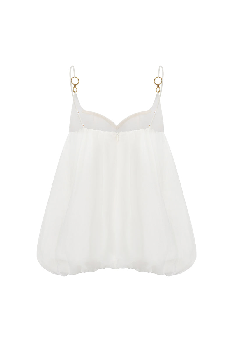 White Bellina top by Nana Jacqueline featuring a bubble hem and stylish design, shown from the back.