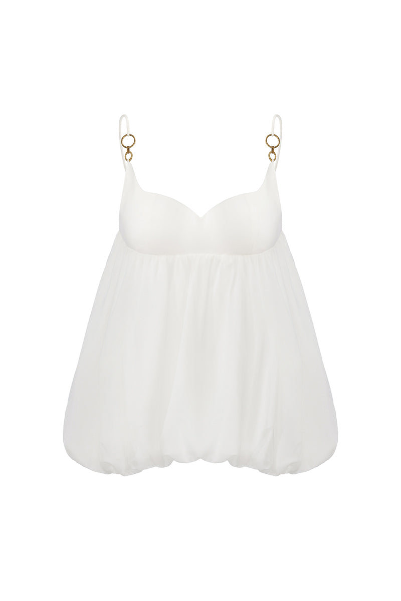 White Bellina top by Nana Jacqueline featuring a bubble hem design, shown from the front.