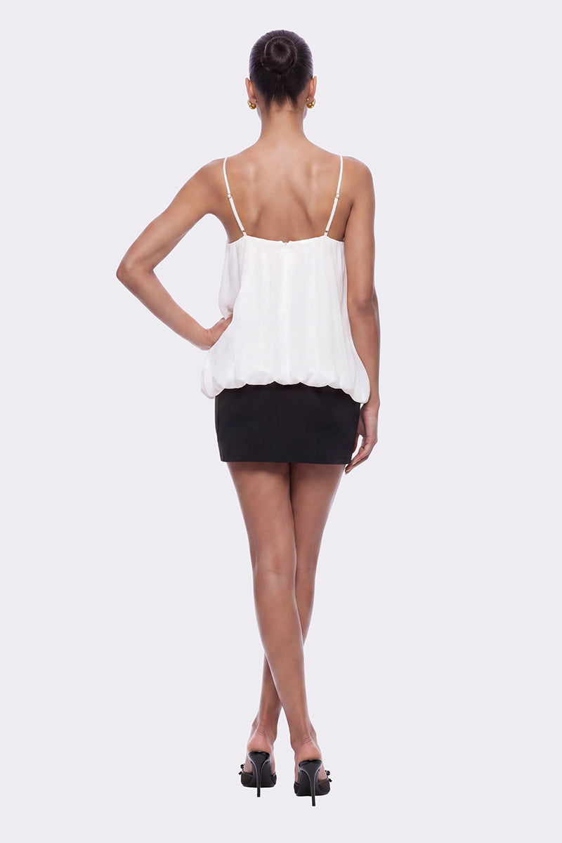 White Bellina top by Nana Jacqueline featuring a bubble hem, casual stylish look, front view with soft fabric details.